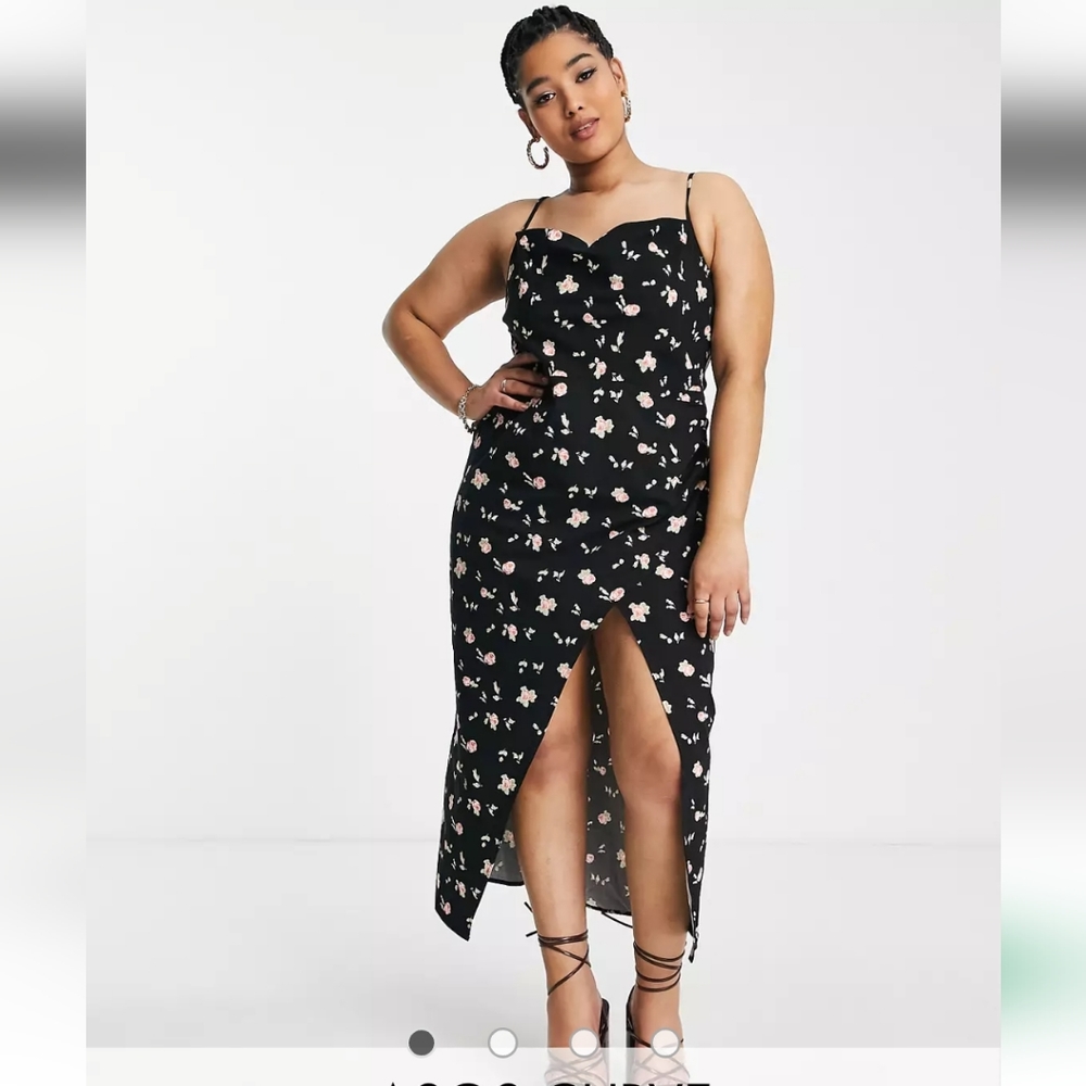 ASOS Curve cowl neck ruched side midi dress in black floral print size 26 NWOT